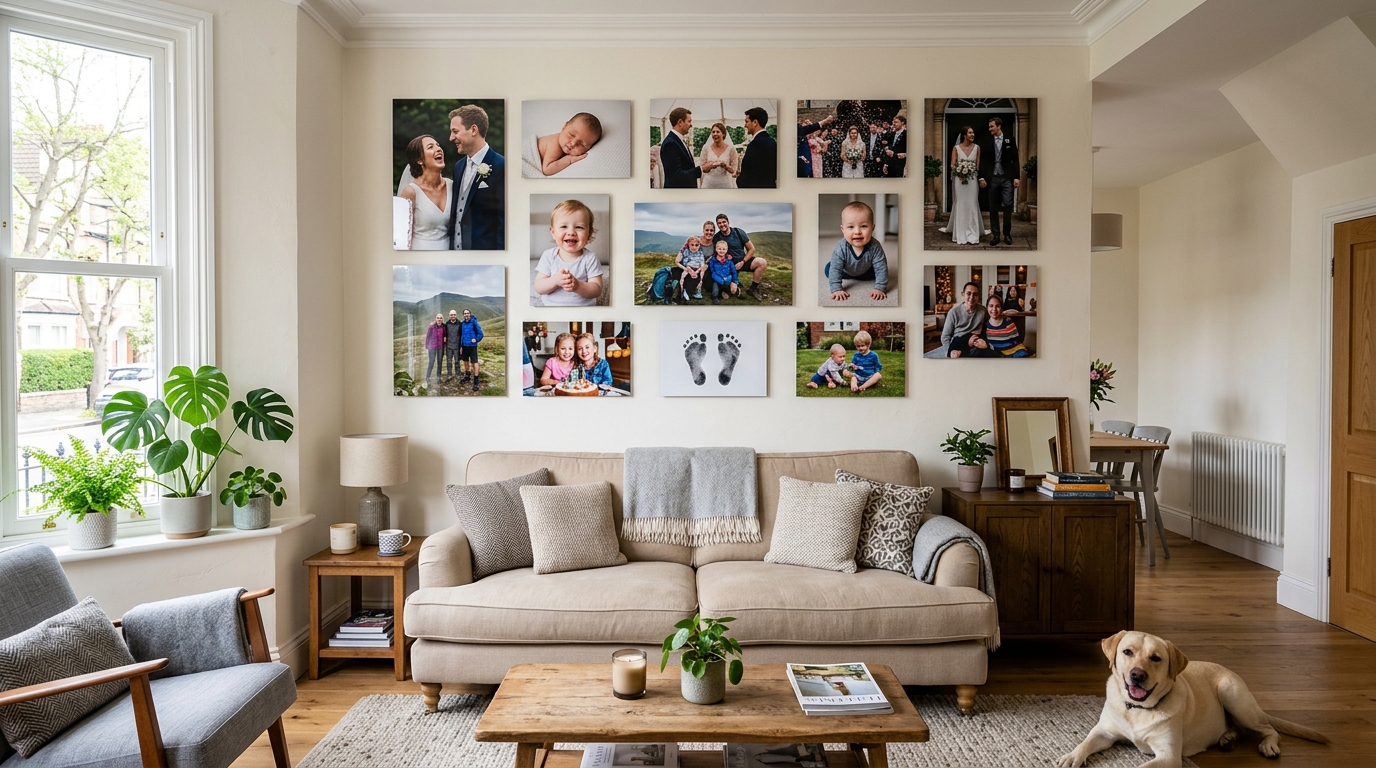 Metal prints displayed in sitting room