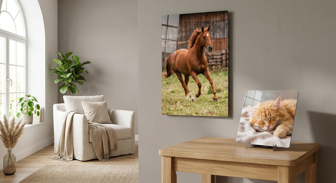 Metal prints displayed on wall and desk