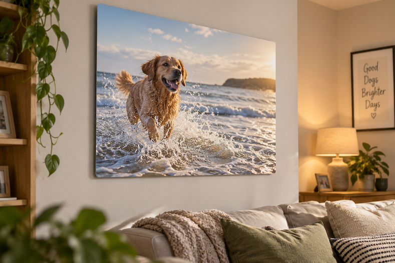 metal print of dog in the sea on the wall
