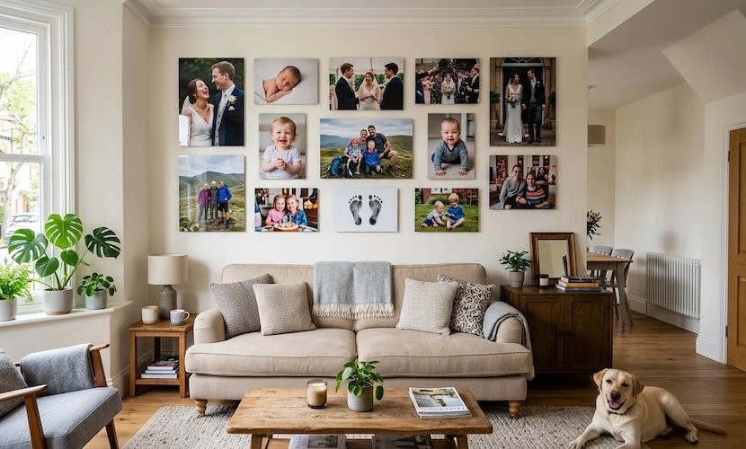 Family photo gallery wall featuring personalised metal prints in a cosy living room