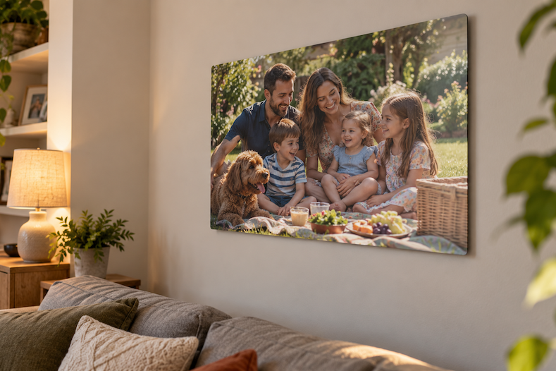 print on wall of family picnic in lighter evenings