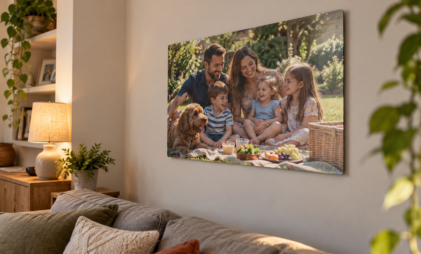 lighter evenings blog cover of family metal print on wall